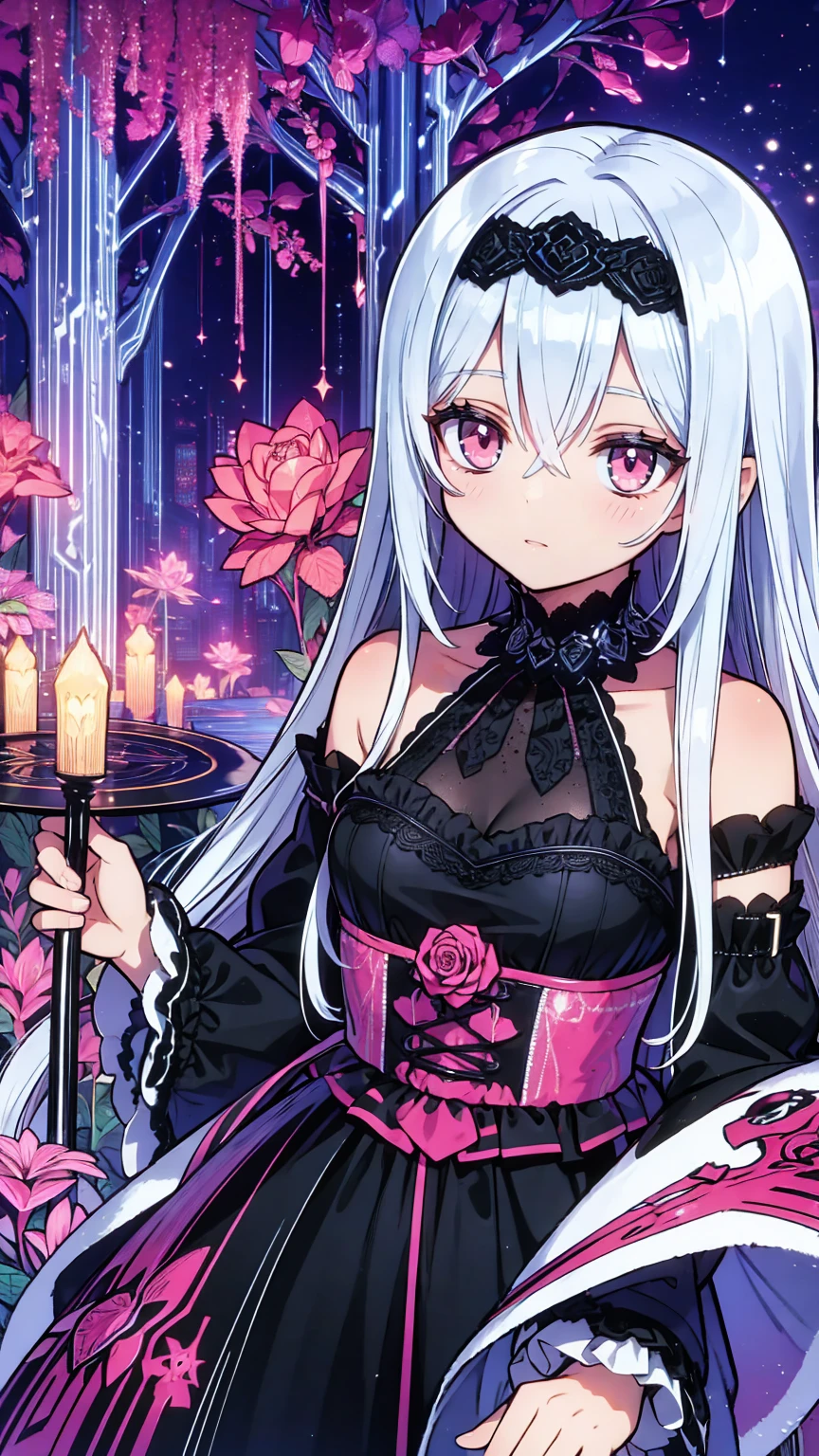 Absurd,  high resolution on down, Super detailed,  high resolution on down,  Masterpiece」, Super detailed picture,   highly detailed face and eyes , suigintou, Silvery white hair,  Expressive Red Eyes ,  Maiden Rose , Alone, woman,  very beautiful, Purple Flower, Park, FOUNTAIN, purple tree, Purple butterfly々,  wear a black headband with black lace The top of the ,  The headband has 2 black ribbons at each end ;  The headband also has a black rosette on each shoulder ,  with a black neck bow tied around her neck ,  and her dress is white and black ,  The chest also has the same rosettes as the headband ,  dress is also decorated with black lace and white ruffles,  The sleeves of the dress are fluffy on each shoulder 