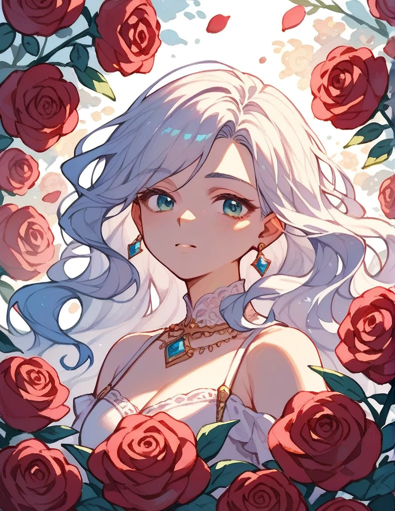 Watercolor,princess,Long wavy hair,Buried in roses, Closeup 