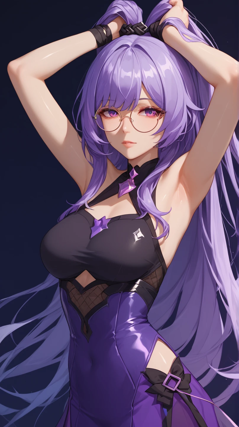 score_9, score_8_up, score_7_up,1 girl, shiny skin, kafka, kafka honkai star rail, long hair, purple hair, hair flows, round glasses on her hair, blank space, blank background, hands up, hands tying hair, hands on hair, armpit