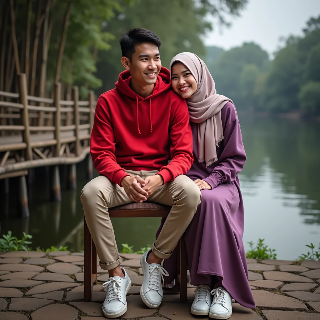 very high quality photo, a romantic scene, a woman wearing a hijab from Indonesia and a young man wearing glasses from Indonesia wearing a coat are playing on a swing in the garden, snow is falling, full body, realistic, cool and complicated visual effects, looks real and perfect, UHD 64K, very sweet