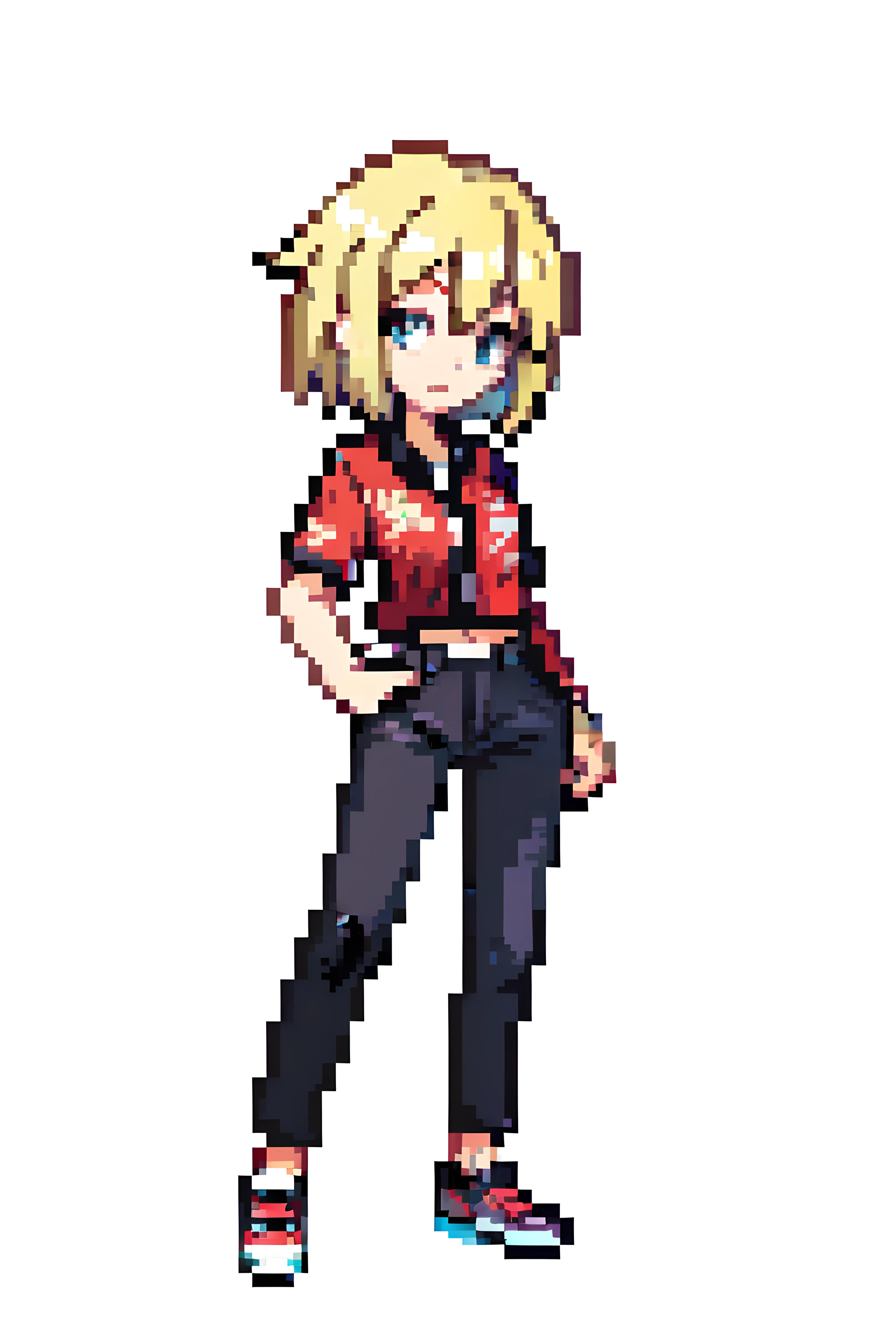 pixel art of a woman, full length, blonde hair, short hair, black jeans, red Hawaiian shirt, sneakers, white background