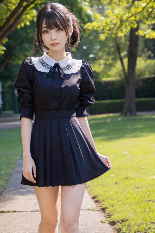short hair, Short hair with bangs, Woman with pretty face,Cute little face, French Bob, White skin, Short brown hair and big eyes, Full body portrait shot 8k, Beautiful light、Big eyes, Beautiful woman, Young woman with bob cut, Full Shot,Best image quality,