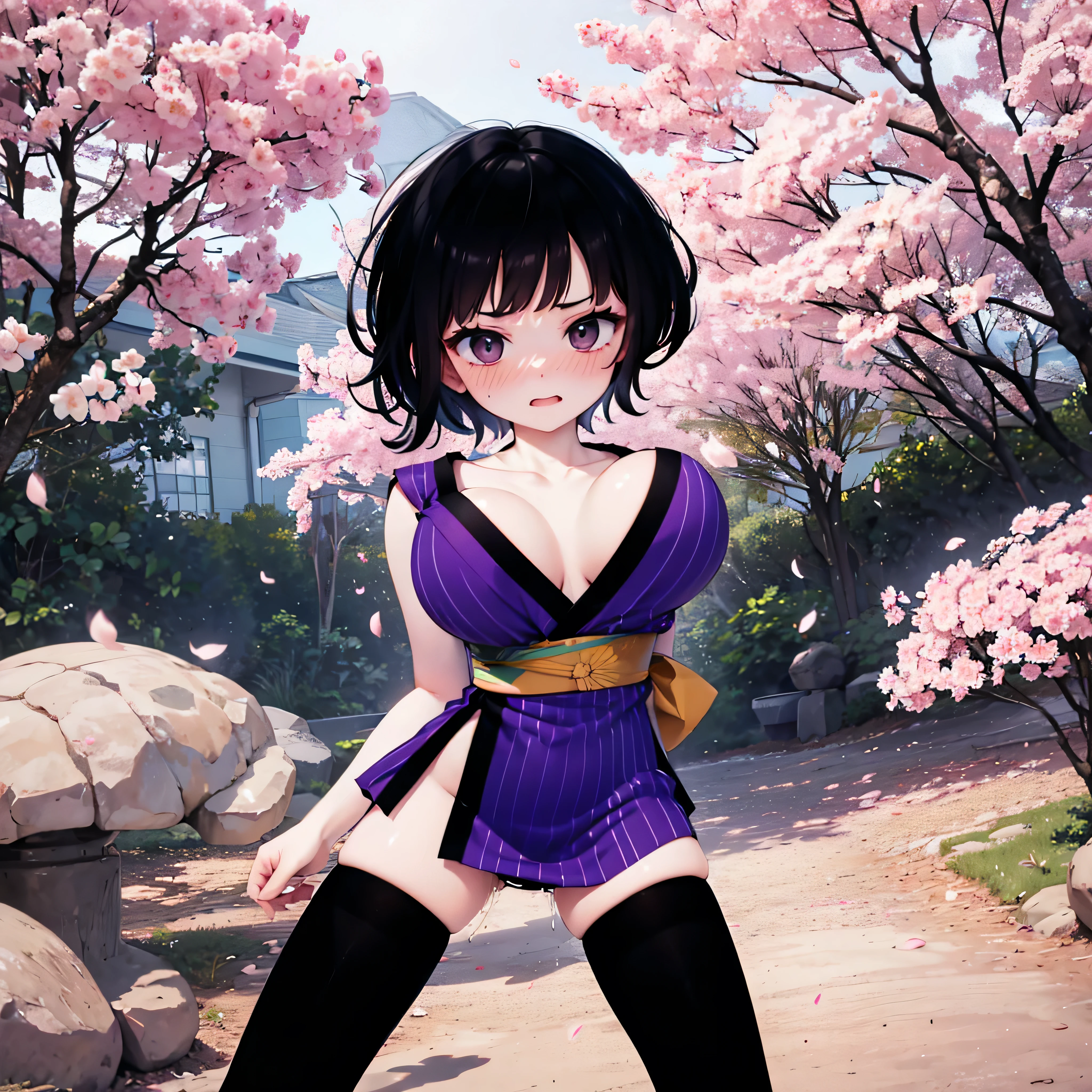 (solo), 1 skinny girl standing, baby face, landscape, cherry blossoms, swaying back, down arms behind back, open legs, black short hair, BREAK, too short kimono, sleeveless, inky-black thighhighs, thigh gap, BREAK, (bouncing unaligned large breasts:1.2), disproportionately large breasts, cleavage, collarbone, obi cinches skinny waist too tight, BREAK, orgasm, nose blush, heavy breathing, (stare at viewer with anger), pussy juice