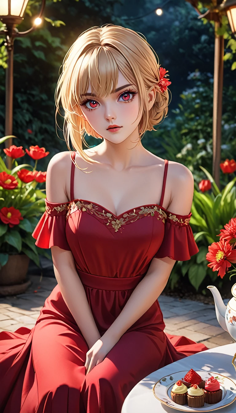 (Masterpiece), (anime style),(Ultra-realistic,  highres icon,  best quality , 4K, professional, cowboy shot),  a Full HD illustration showing the cool style of a 21 year old girl, beauty eyes, sharp eyes.  Her asymmetric Pixie hairstyle ,  long Viking style hair , Blonde hair,   fringe turned to the left with red highlights make her stand out . standing.  She is dressed in an elegant red party dress  , night, lua, tea party, sitting, tea party on the table, flower garden,  exuding confidence and individuality .