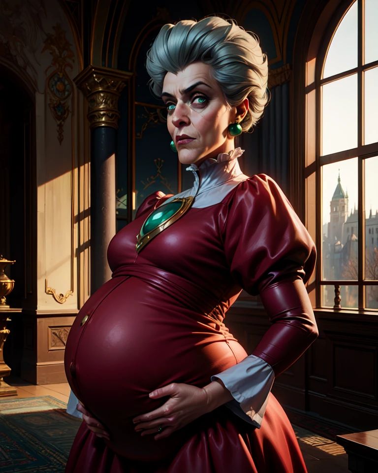 tremaine,green eyes,grey hair,large hair,
red dress,green gem,small earrings,
standing,upper body,serious,looking at viewer,glowing eyes,
castle,indoors,dim lighting,
(insanely detailed, masterpiece, beautiful face,  best quality),solo,pregnant, hands on belly