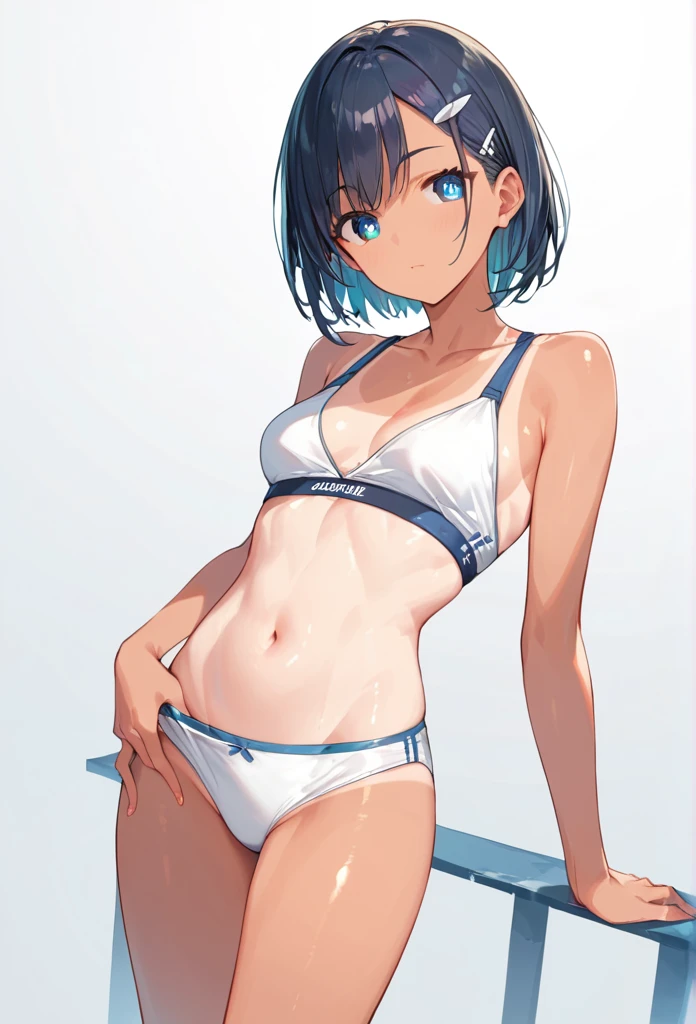 score_9, score_8_up, score_7_up,source_anime, high res image,masterpiece,best quality,girl,cute face,clear skin,shiny hair,ultra detailed eyes,simple background,  tanline,underwear