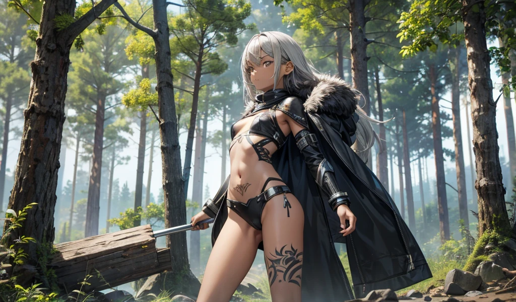 Nordic girl, albino, blonde, dreads, side-cut hair, animal skin mini skirt, animal skin crop top, Viking tattoos, low waist, small breasts, tiny breasts, flat breasts, visible navel, shapely legs, thick legs , long legs, northern lights, mountain in the background, snow