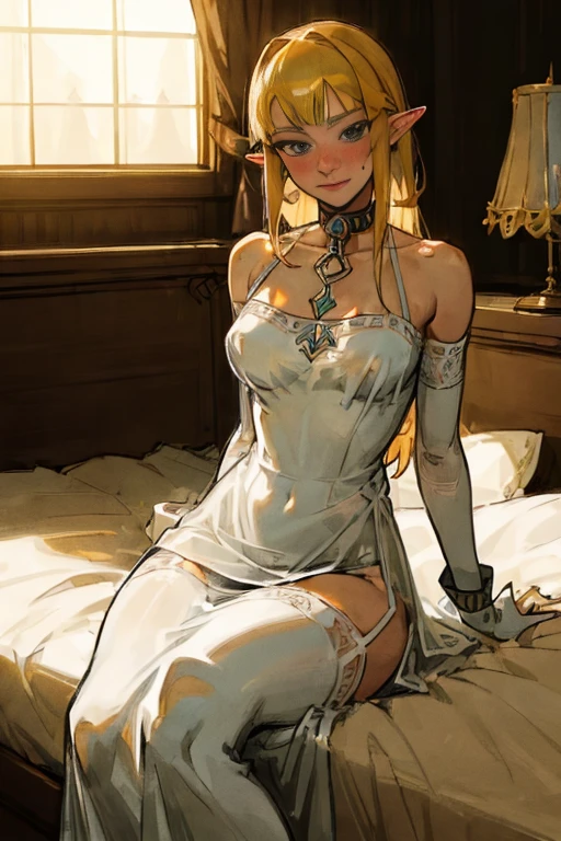 masterpiece, best_quality, (woman:1.8), (adult:1.67), solo, princess zelda, the legend of zelda, sksw, silk, white dress, large luxury bedroom, nightgown, short dress, collar, choker, collar,(bare shoulders), blushing, (straight back), ( cuffs), (legs together),(smiling:0.4),(blushing:0.7), (facing viewer), (looking at viewer), thin, translucent, see-through, stockings,  sitting on edge of bed, (large breasts), (from below:0.5), (shy:0.3)