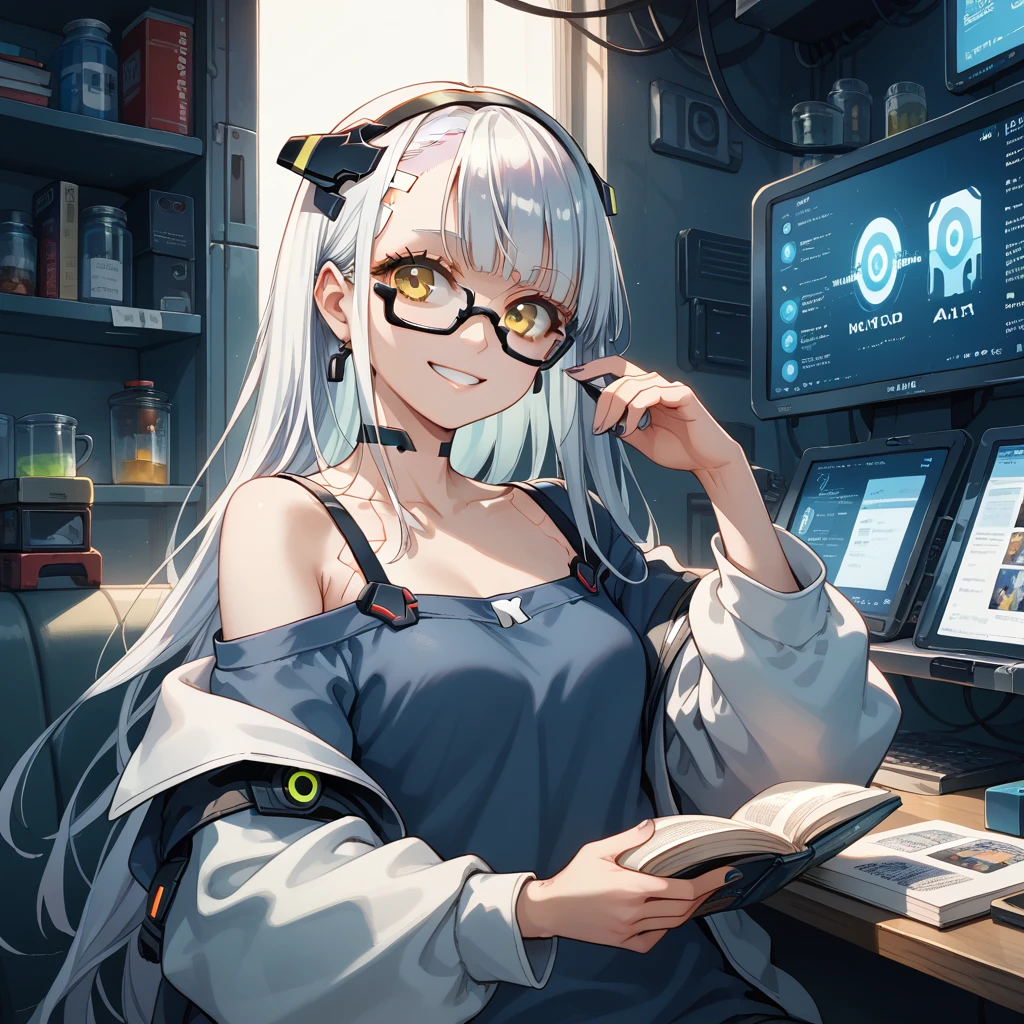 She has a book labeled “Sea Art.AI, Off-Shoulder, smile, Meeting, 1girl, solo, long hair, white hair, masterpiece, best quality, very aesthetic, absurdres, bangs, Lots of monitoring, lots of work, glasses,The digital newspaper is unfolded and read, Stylish cafe, (cyberpunk:1.4), yellow eyes,