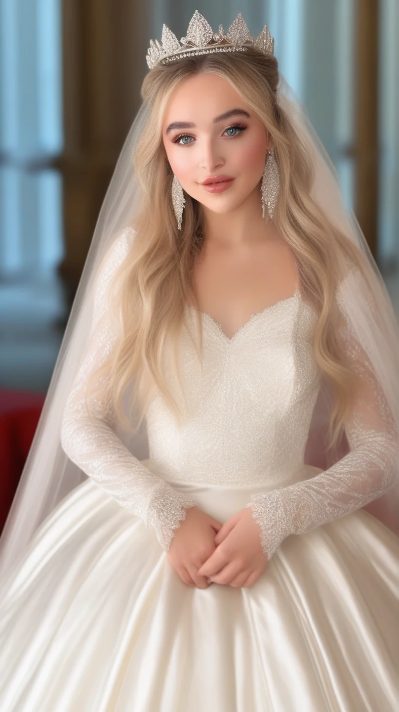 SabrinaCarpenter,modeling at a palace setting, adorned in a stately satin, lace and tulle ballgown wedding dress, bow in back, bows on skirt, long sleeves, modest, Crowning her head is a tiara and a veil while diamond earrings and necklace sparkle in contrast with the white, realistic, 4k, hd, detailed, perfect anatomy, perfect hands, perfect face, cute, professional artwork, (masterpiece), best quality, expressive eyes, perfect face, good hands, best hands, detailed, high quality, high resolution. 8kHigh Quality, Intricately Detailed, Hyper-Realistic woman, Volumetric Lighting, Full Character, 4k, 