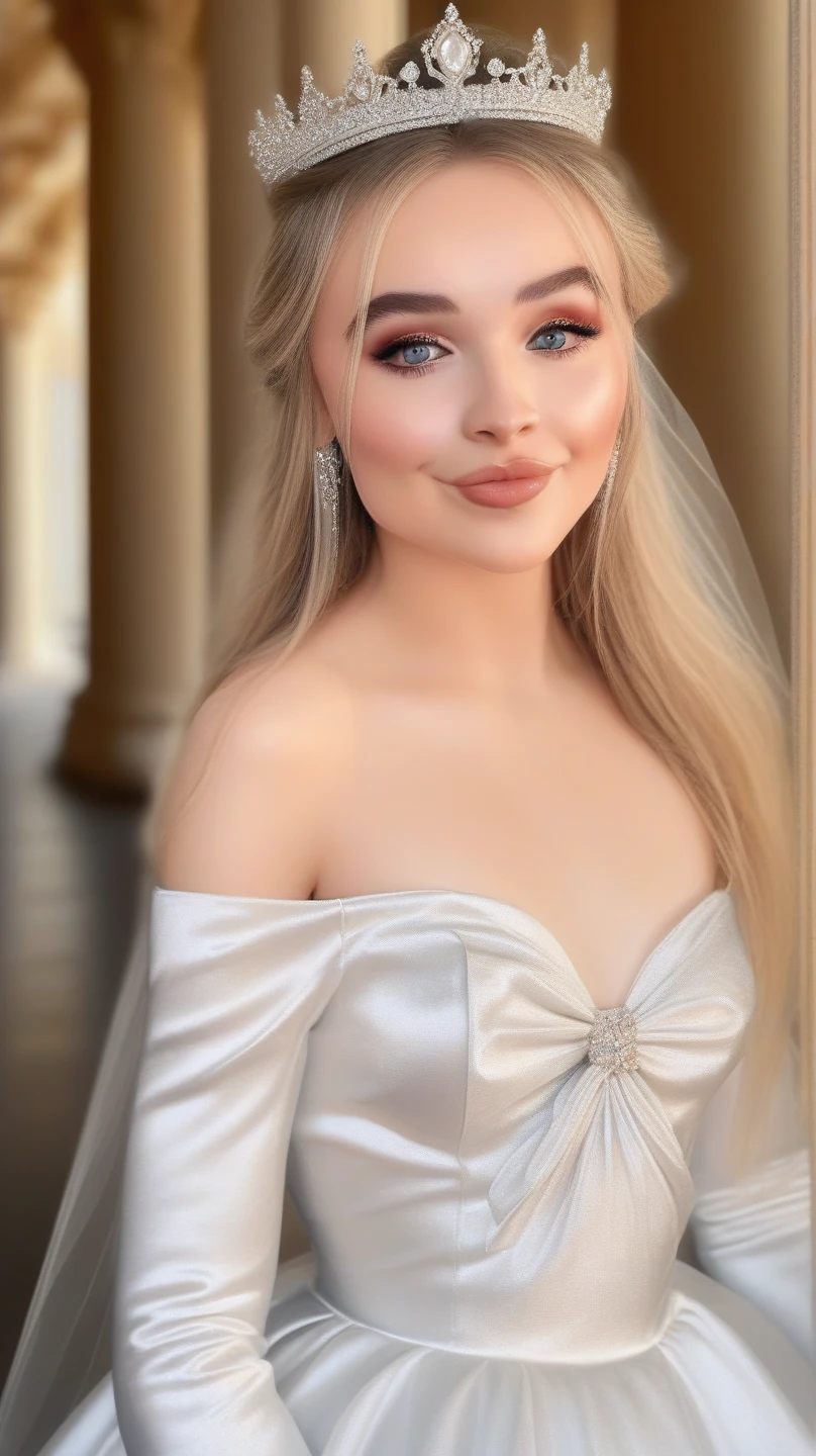 SabrinaCarpenter,modeling at a palace setting, adorned in a stately satin, lace and tulle ballgown wedding dress, bow in back, bows on skirt, long sleeves, modest, Crowning her head is a tiara and a veil while diamond earrings and necklace sparkle in contrast with the white, realistic, 4k, hd, detailed, perfect anatomy, perfect hands, perfect face, cute, professional artwork, (masterpiece), best quality, expressive eyes, perfect face, good hands, best hands, detailed, high quality, high resolution. 8kHigh Quality, Intricately Detailed, Hyper-Realistic woman, Volumetric Lighting, Full Character, 4k, 