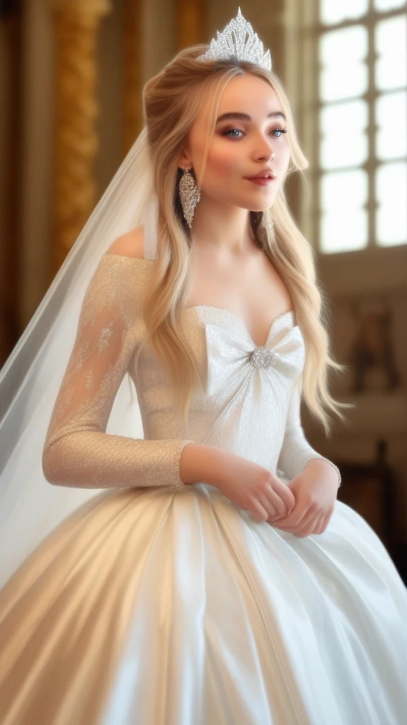 SabrinaCarpenter,modeling at a palace setting, adorned in a stately satin, lace and tulle ballgown wedding dress, bow in back, bows on skirt, long sleeves, modest, Crowning her head is a tiara and a veil while diamond earrings and necklace sparkle in contrast with the white, realistic, 4k, hd, detailed, perfect anatomy, perfect hands, perfect face, cute, professional artwork, (masterpiece), best quality, expressive eyes, perfect face, good hands, best hands, detailed, high quality, high resolution. 8kHigh Quality, Intricately Detailed, Hyper-Realistic woman, Volumetric Lighting, Full Character, 4k, 