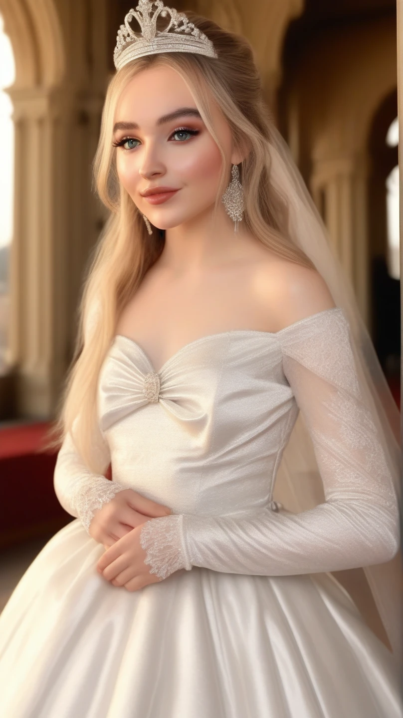 SabrinaCarpenter,modeling at a palace setting, adorned in a stately satin, lace and tulle ballgown wedding dress, bow in back, bows on skirt, long sleeves, modest, Crowning her head is a tiara and a veil while diamond earrings and necklace sparkle in contrast with the white, realistic, 4k, hd, detailed, perfect anatomy, perfect hands, perfect face, cute, professional artwork, (masterpiece), best quality, expressive eyes, perfect face, good hands, best hands, detailed, high quality, high resolution. 8kHigh Quality, Intricately Detailed, Hyper-Realistic woman, Volumetric Lighting, Full Character, 4k, 