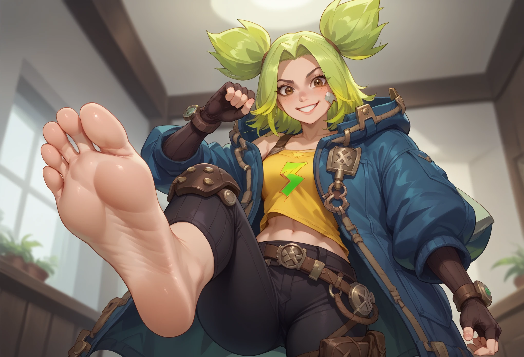 masterpiece, best quality, ZeriLoLXL, brown eyes, green hair, twintails, sidelocks, freckles, bandaid on face, medium breasts, blue jacket, open jacket, yellow midriff, gloves, fingerless gloves, black pants, belt, knee pads, smile, barefoot, footstomp, soles, toes, foreshortening, view from below, indoors