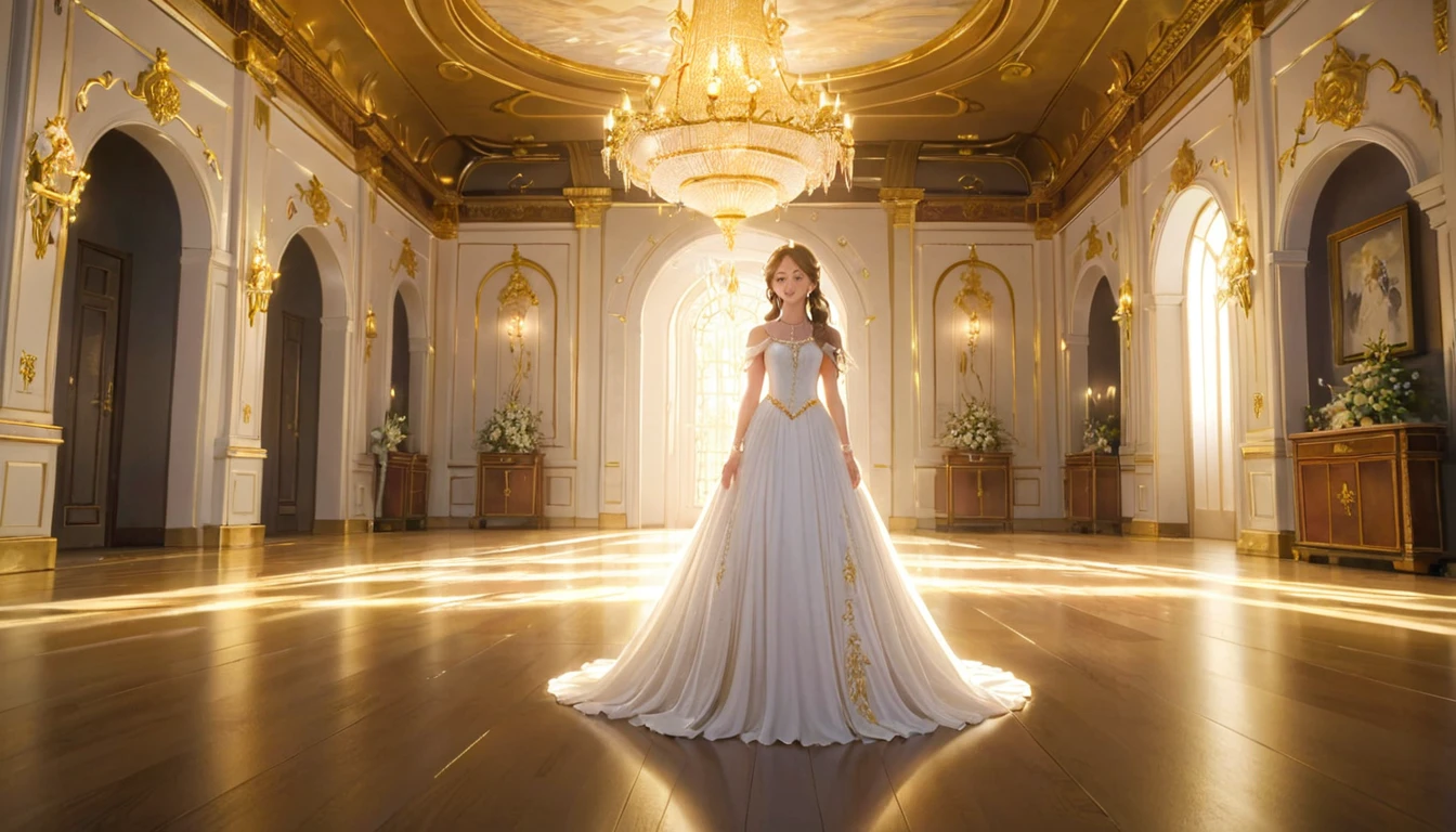 『 The Goddess's Blessing Room 』
【 in the space 】
 A majestic space where golden light shines gracefully 。
 A delicate chandelier shines from the high ceiling 、 The walls are beautifully decorated 。
 Footprints of light emerge on the floor 、It continues straight into the back 。
 A goddess wearing a pure white dress stands in front、 with a soft smile 。