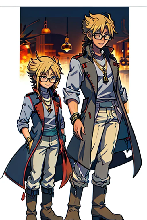 male, blonde short hair, blue eyes, (((1boy))), (((red sleeveless trench coat))), (black shirt), (grey pants), (tan boots), (gold bracelets), (necklace with gold pendant), (glasses), long legs, smiling