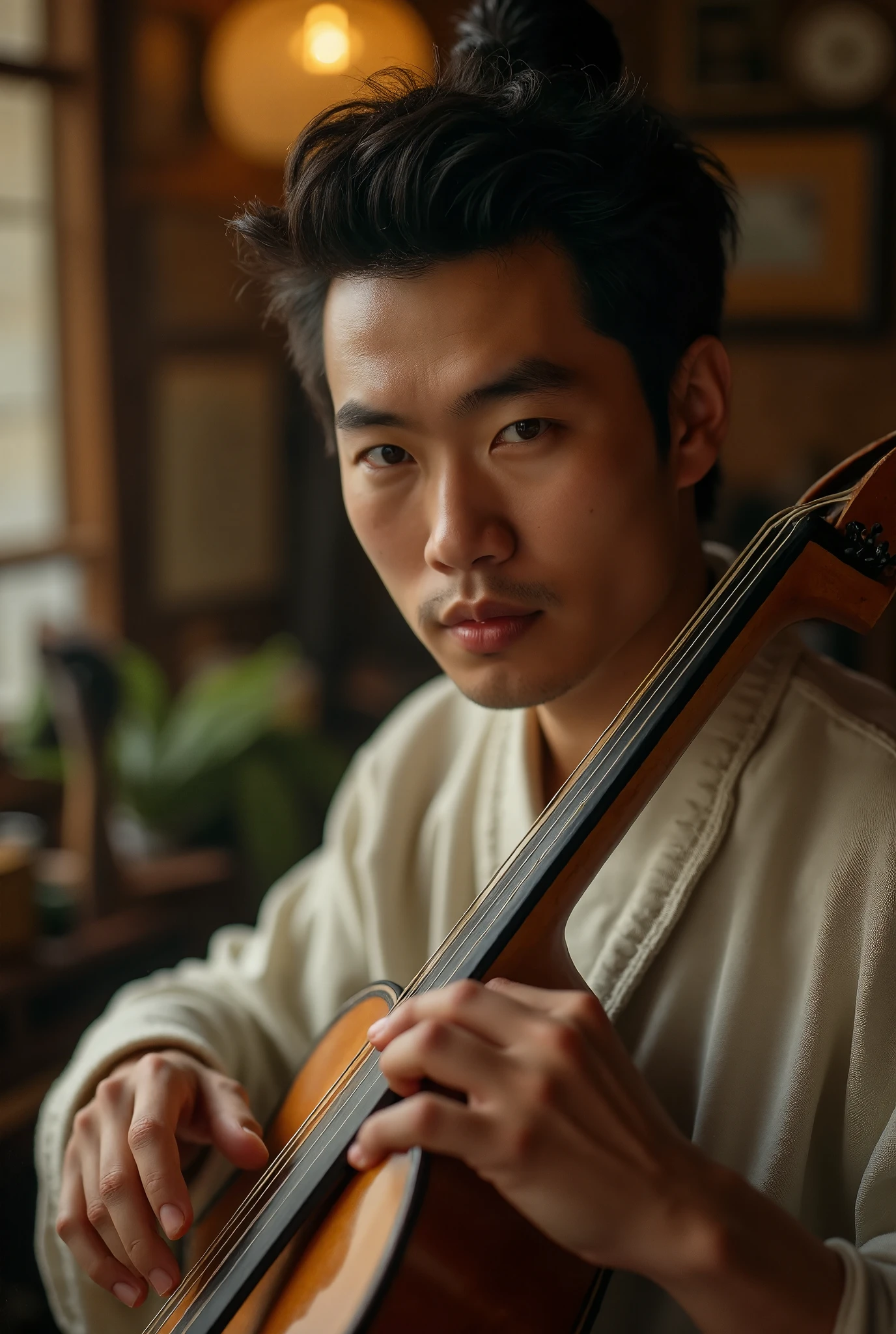 Create a portrait of a male Asian musician, capturing a moment of deep concentration as he plays a traditional string instrument, like a guzheng or shamisen. His angular face features high cheekbones, almond-shaped eyes that reflect passion and intensity, and full lips slightly parted as if caught in a melodic phrase. Soft, warm lighting illuminates his face from the left, casting gentle shadows that enhance the contours of his features. The background is a blurred, intimate setting of a cozy music studio adorned with vintage instruments and sheet music, evoking a serene yet vibrant atmosphere. The composition should be a close-up, focusing on his expressive gaze and the delicate movement of his hands on the strings. Render in a semi-realistic style reminiscent of classical portraiture, with rich colors and a slight painterly texture, to evoke a sense of timeless artistry. Use a 50mm lens effect for a shallow depth of field, emphasizing the musician's emotional connection to his craft.