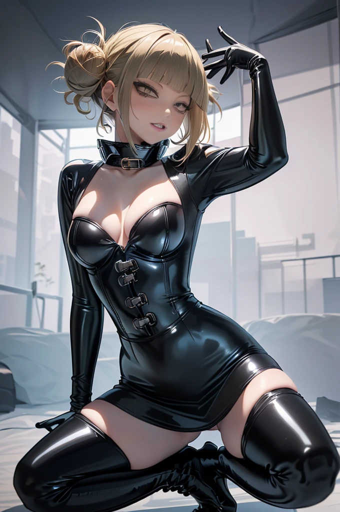  Yankee sitting、Poop sitting、((Open legs:1.4)))、((( wide thigh openingでしゃがむ)))、((( squat with legs open in M shape )))、BDSM、Queen、mistress、(((One girl)))、(((solo:1.8)))、(((Black latex elbow gloves:1.4)))、((( medium hair framing the right side of her face :1.4)))、((( The corset dress is adorned with beautiful lace )))、((( black latex tight mini skirt )))、((( black latex tight mini skirt :1.4)))、((( Black Thigh-High Boots :1.4)))、(((Black rubber tights:1.2)))、(((Stiletto heel boots:1.4)))、((( black latex tight mini skirt )))、(((Black latex bra)))、(((Black leather collar)))、((( Sexy Poses:1.4 )))、 wide thigh opening:1.2、((( erotic )))、((( Cowboy Shots )))、 Closeup 、((( place both hands on the lower back )))、Beautiful eyes with highlights、Beautiful, smooth skin、Two perfect anatomical arms、Two perfect anatomical legs、(Four perfect fingers and one thumb)、(Himiko toga),+,( My Hero Academia characters),(Girl 1), (Eyes, Cat's eyes ,  short blond hair and fleshy 、And cat canines ) 