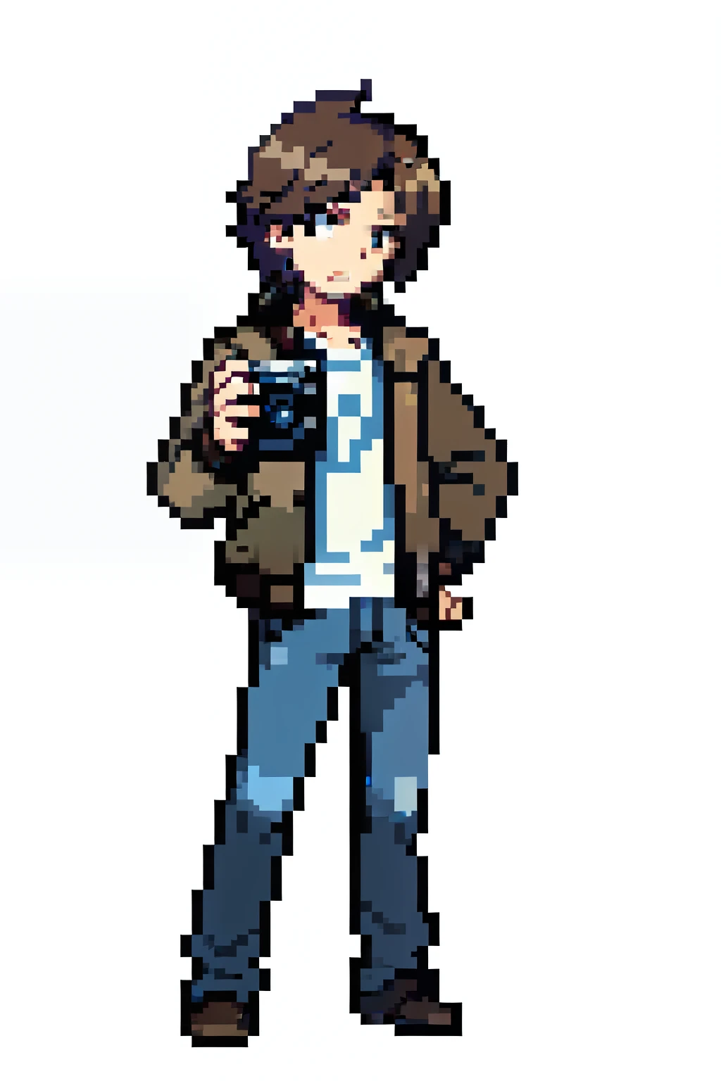 pixel art of a man, photographer, full length, short brown hair, jeans, aviator jacket, with camera, white background