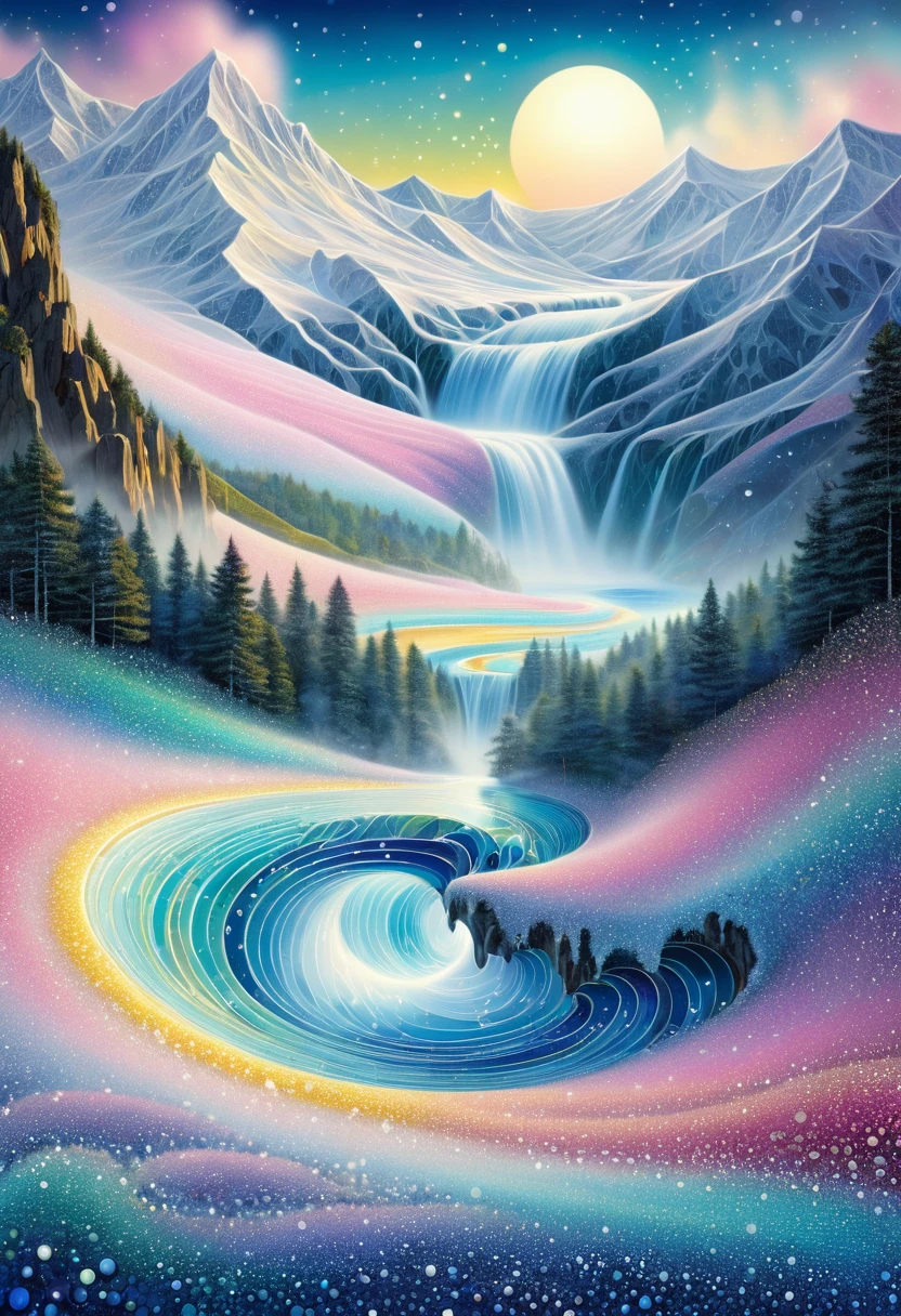  Fractal landscape ,  Wave pointillism , glow,  snowy plain ,  Dancing waterfall , Mountains, lake, “Spiral” carousel . Sun. miracles . Mysticism.  Transparent .  Plastic tenderness of emotions .  Porous structure Blue , grey, blue, white,  turquoise powder , indigo, yellow, pink, green,  pearl pencils .  Gustav Klimt style , pink, ochre .  Pearl mist .  drawing , smooth lines, silver,  gold Penetrating backlight + Volumetric light.  Depth of field Gloss , shift .  Stereo effect 