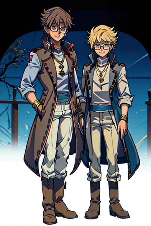 male, blonde short hair, blue eyes, (((1boy))), (((red sleeveless trench coat))), (black shirt), (grey pants), (tan boots), (gold bracelets), (necklace with gold pendant), (glasses), long legs, smiling