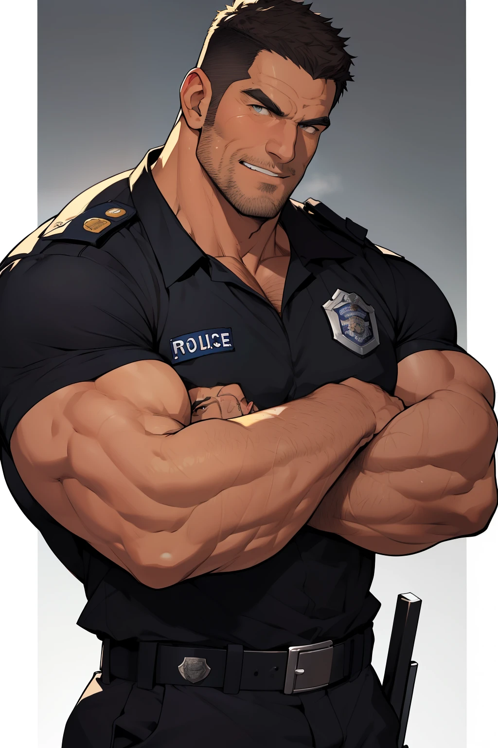 1man, masterpiece, best quality, cartoon of a matured rugged middle aged policeman/cop crossing his arms, wearing police uniform, muscular character, muscular male, beefcake pose, muscular!, muscular!!, mid-shot of a hunky, commission, high res, muscular!, uniform, super buff, closeup, short hair, sidecut!!, very buff, muscular!!!, buff man, muscular characters, muscular! heroic look, proud grin, detailed eyes, short, black hair, stubble beard, ressemblance of Chris Redfield mixed with Christopher Meloni