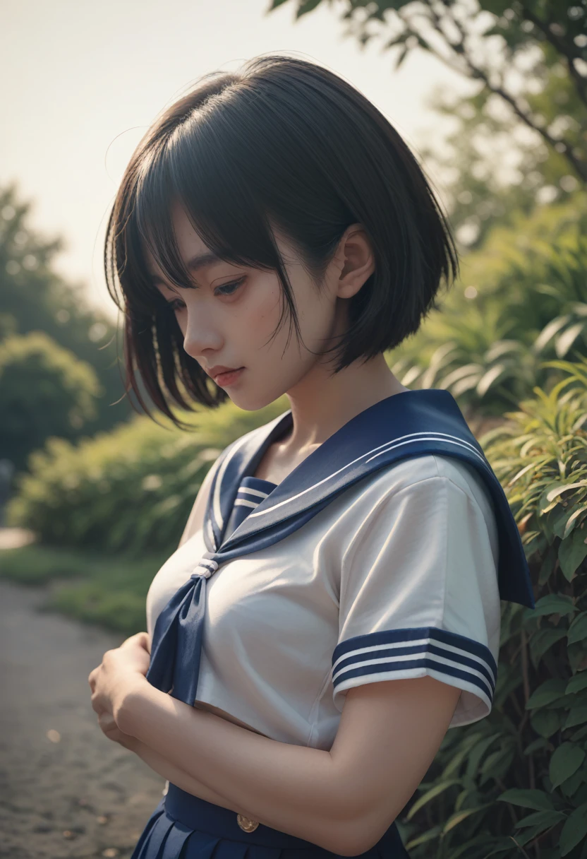 Japanese,short Hair,Black Hair,medium breasts,outdoor,sailor suit,upper body