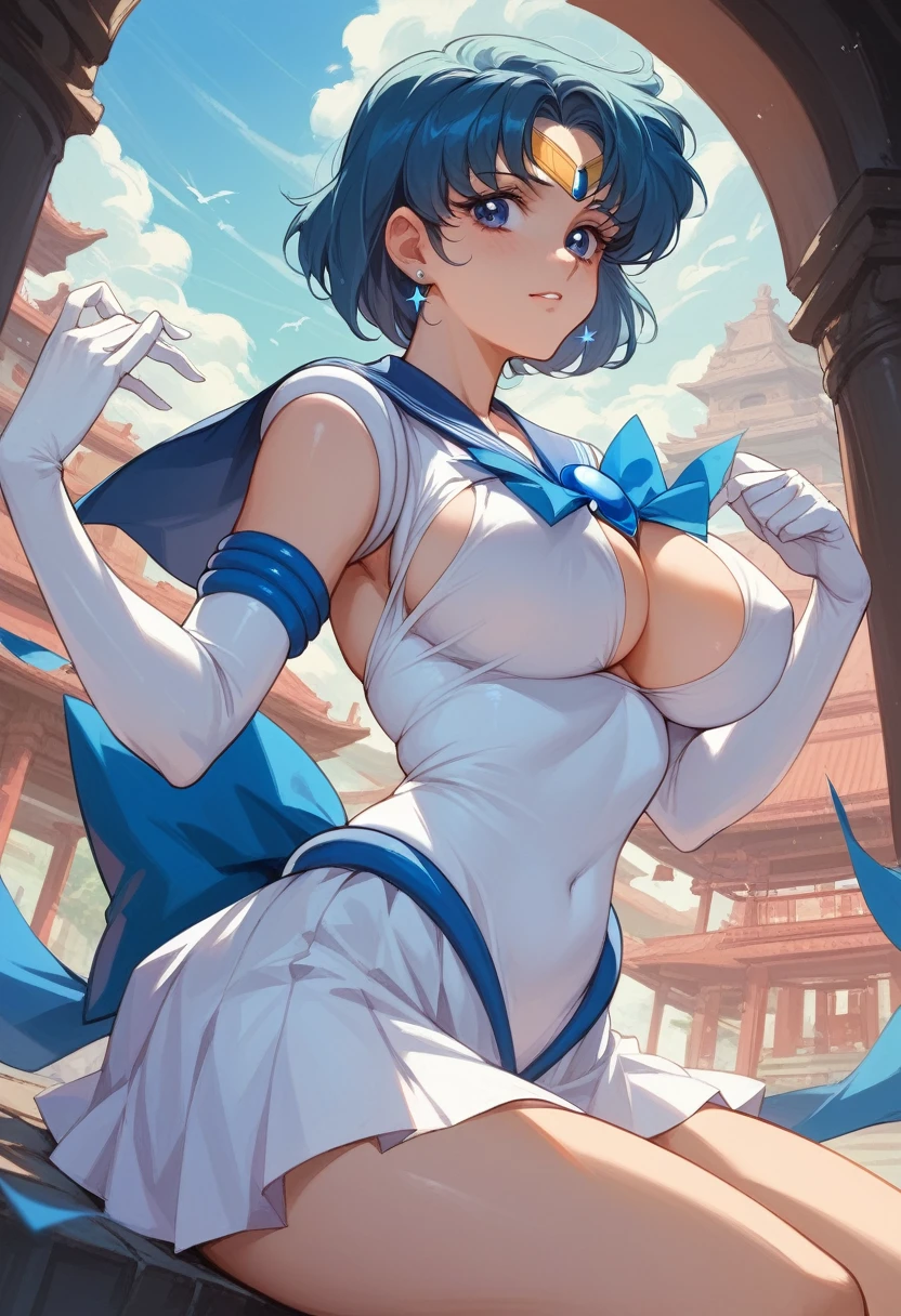  High image quality、Faithful reproduction、 sailor mercury、 miniskirt、White long gloves、 sexy shot、 big breasts at the temple、 Blue Shorthair 、 sailor mercuryのコスプレ衣装