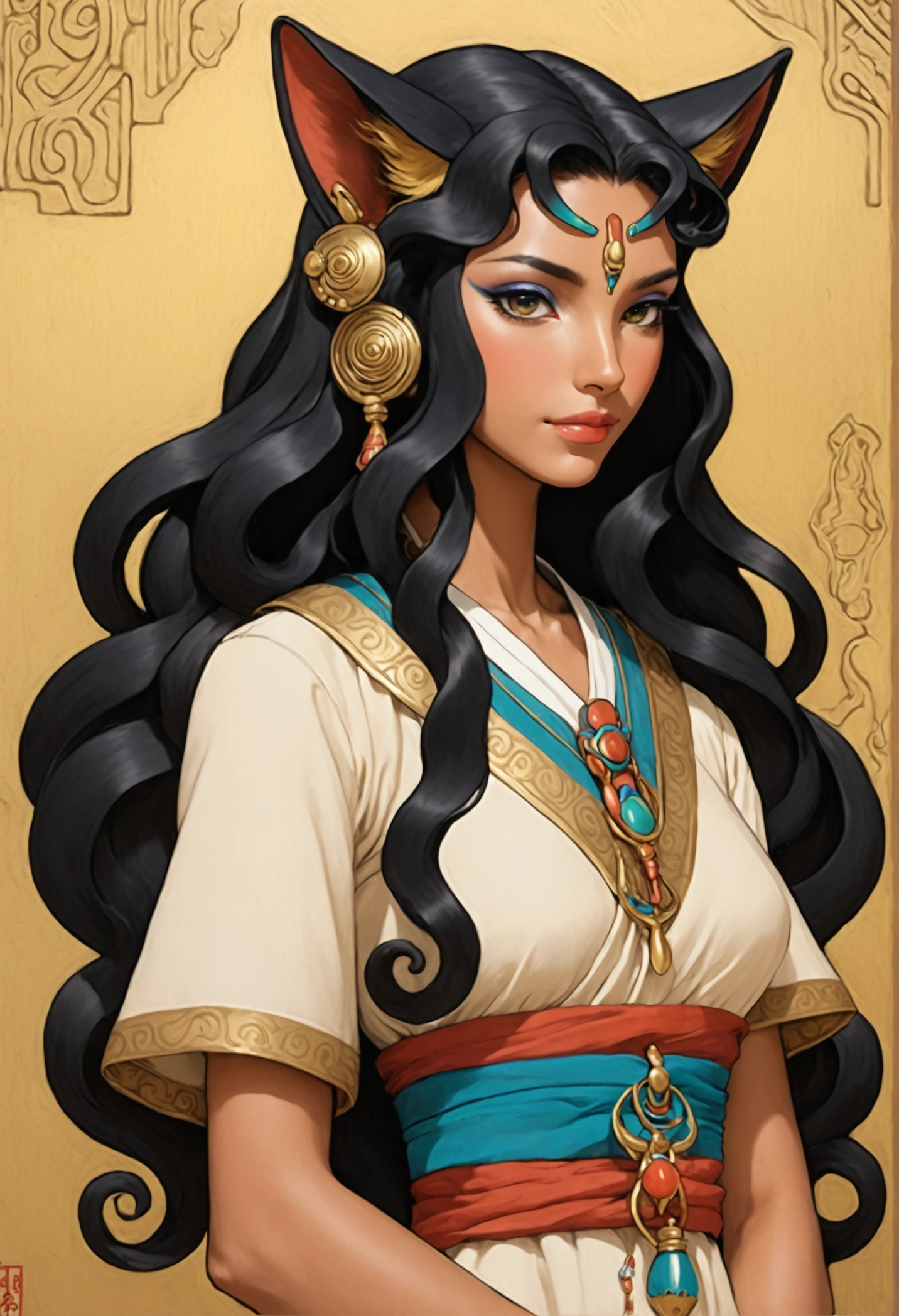 Bastet with long wavy black hair Design by Studio Ghibli