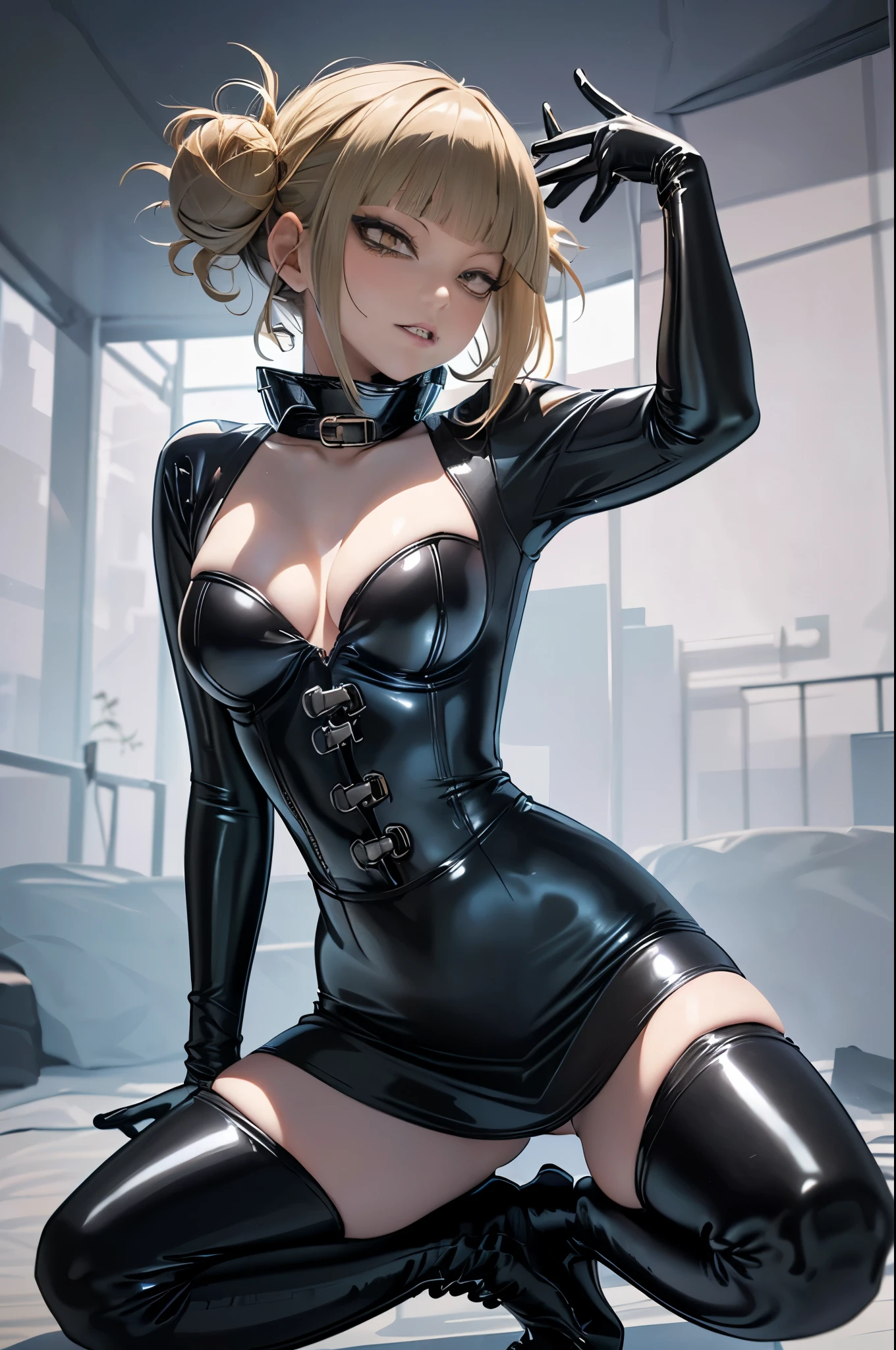  Yankee sitting、Poop sitting、((Open legs:1.4)))、((( wide thigh openingでしゃがむ)))、((( squat with legs open in M shape )))、BDSM、Queen、mistress、(((One girl)))、(((solo:1.8)))、(((Black latex elbow gloves:1.4)))、((( medium hair framing the right side of her face :1.4)))、((( The corset dress is adorned with beautiful lace )))、((( black latex tight mini skirt )))、((( black latex tight mini skirt :1.4)))、((( Black Thigh-High Boots :1.4)))、(((Black rubber tights:1.2)))、(((Stiletto heel boots:1.4)))、((( black latex tight mini skirt )))、(((Black latex bra)))、(((Black leather collar)))、((( Sexy Poses:1.4 )))、 wide thigh opening:1.2、((( erotic )))、((( Cowboy Shots )))、 Closeup 、((( place both hands on the lower back )))、Beautiful eyes with highlights、Beautiful, smooth skin、Two perfect anatomical arms、Two perfect anatomical legs、(Four perfect fingers and one thumb)、(Himiko toga),+,( My Hero Academia characters),(Girl 1), (Eyes, Cat's eyes ,  short blond hair and fleshy 、And cat canines ) 