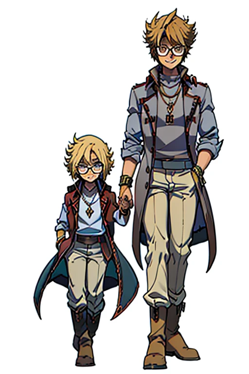 male, blonde short hair, blue eyes, (((1boy))), (((red sleeveless trench coat))), (black shirt), (grey pants), (tan boots), (gold bracelets), (necklace with gold pendant), (glasses), long legs, smiling