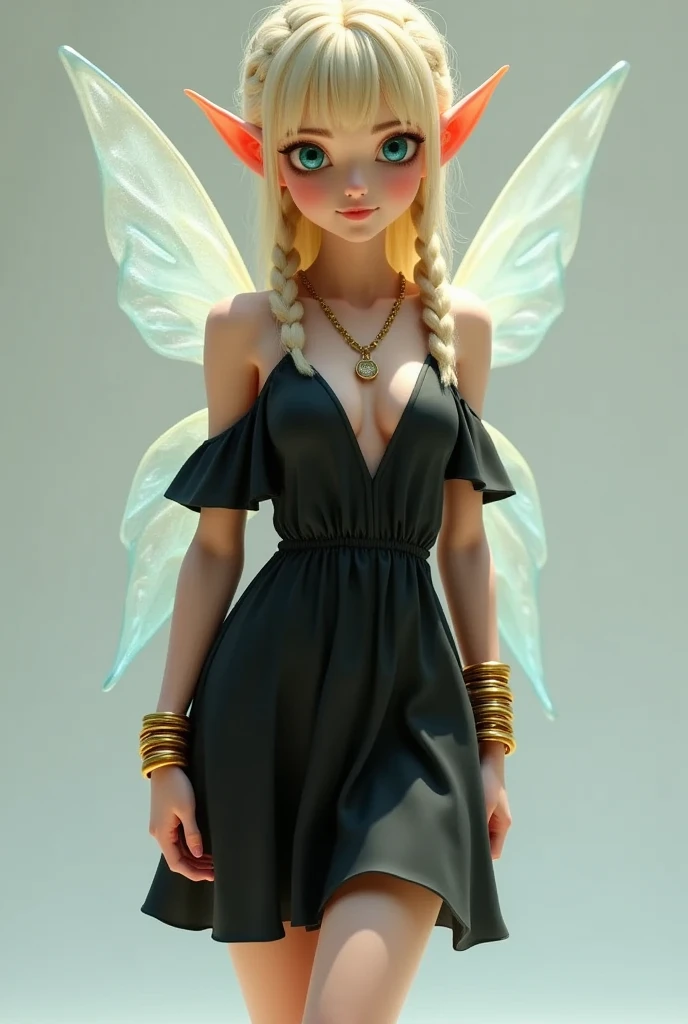 Super realistic illustration, Detailed Fantasy art, Cinema 4D rendering, 1 cute lady, solo, full body, A fairy elven lady, The whole body is translucent. smiling. braided blonde and slicked-back hair, Azure eyes. Pointy Ears, gold bangles, bare shoulder black mini dress, Her legs are invisible like a ghost, simple background