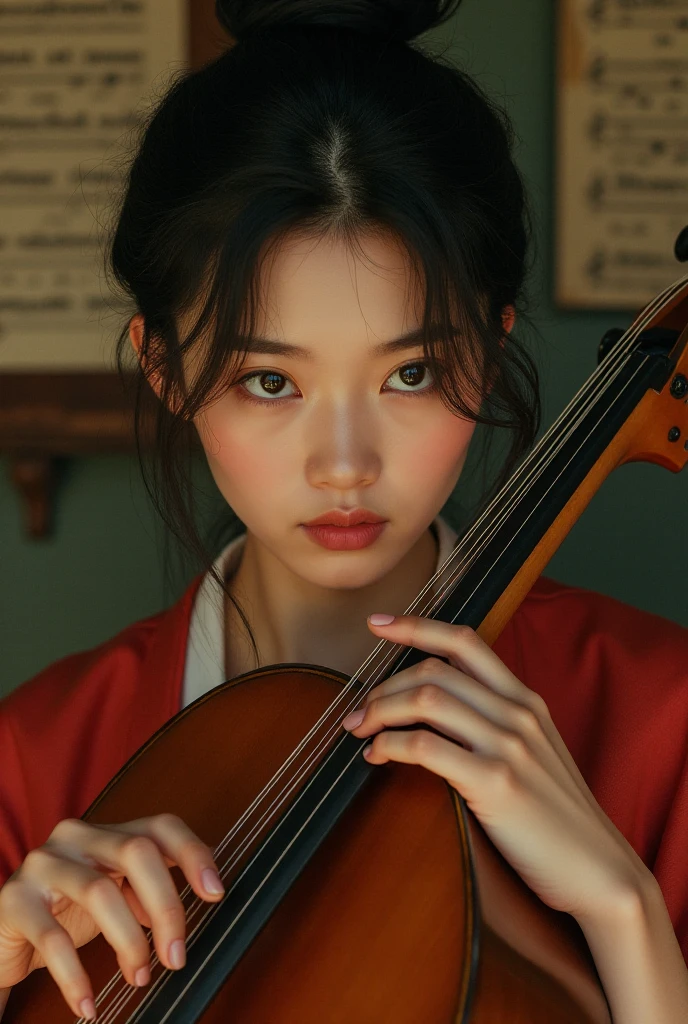 Create a portrait of a female Asian musician, capturing a moment of deep concentration as she plays a traditional string instrument, like a guzheng or shamisen. Her angular face features high cheekbones, almond-shaped eyes that reflect passion and intensity, and full lips slightly parted as if caught in a melodic phrase. Soft, warm lighting illuminates her face from the left, casting gentle shadows that enhance the contours of his features. The background is a blurred, intimate setting of a cozy music studio adorned with vintage instruments and sheet music, evoking a serene yet vibrant atmosphere. The composition should be a close-up, focusing on his expressive gaze and the delicate movement of her hands on the strings. Render in a semi-realistic style reminiscent of classical portraiture, with rich colors and a slight painterly texture, to evoke a sense of timeless artistry. Use a 50mm lens effect for a shallow depth of field, emphasizing the musician's emotional connection to his craft.