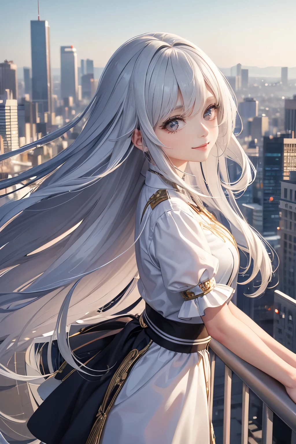 best quality, ultra detailed, city, a girl, glad, smiling, looking at viewer, wave hair, long hair, silver hair, brown eyes, big eyes, slim, in the city, beautiful, closeup shot