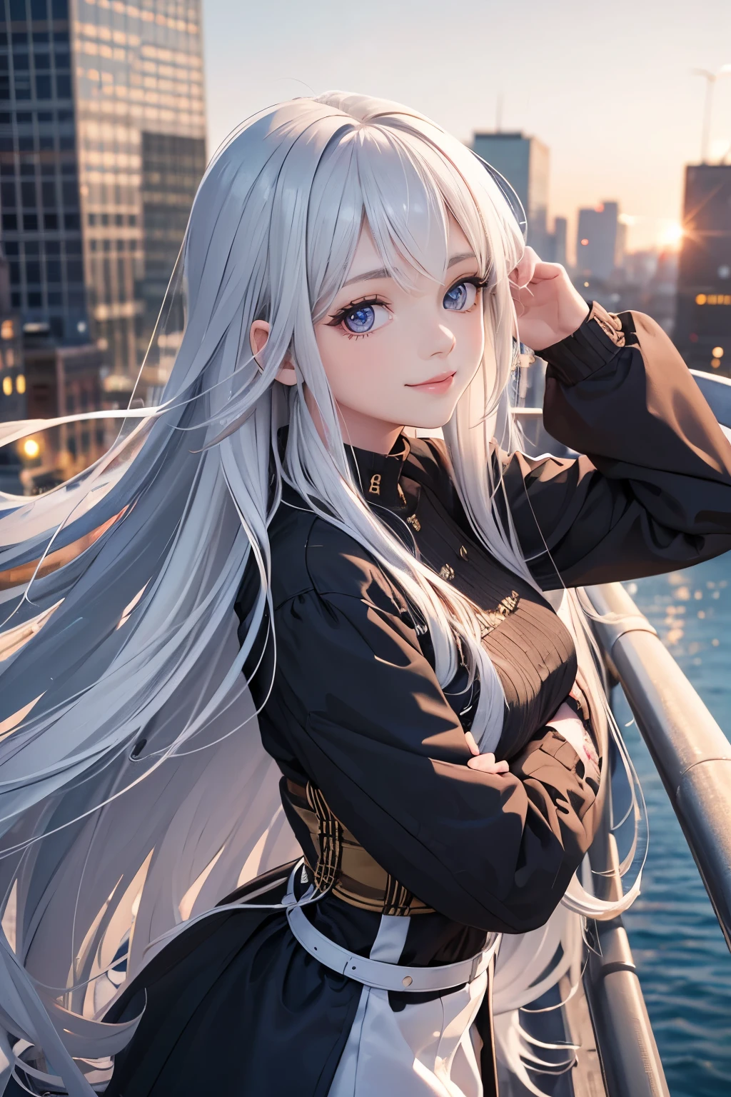 best quality, ultra detailed, city, a girl, glad, smiling, looking at viewer, wave hair, long hair, silver hair, brown eyes, big eyes, slim, in the city, beautiful, closeup shot