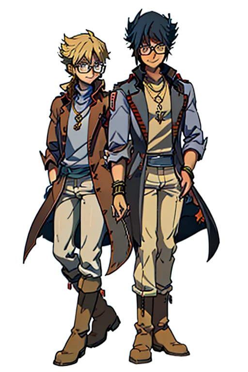 male, blonde short hair, blue eyes, (((1boy))), (((red sleeveless trench coat))), (black shirt), (grey pants), (tan boots), (gold bracelets), (necklace with gold pendant), (glasses), long legs, smiling