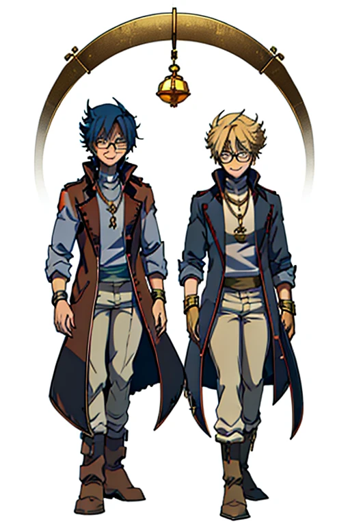 male, blonde short hair, blue eyes, (((1boy))), (((red sleeveless trench coat))), (black shirt), (grey pants), (tan boots), (gold bracelets), (necklace with gold pendant), (glasses), long legs, smiling