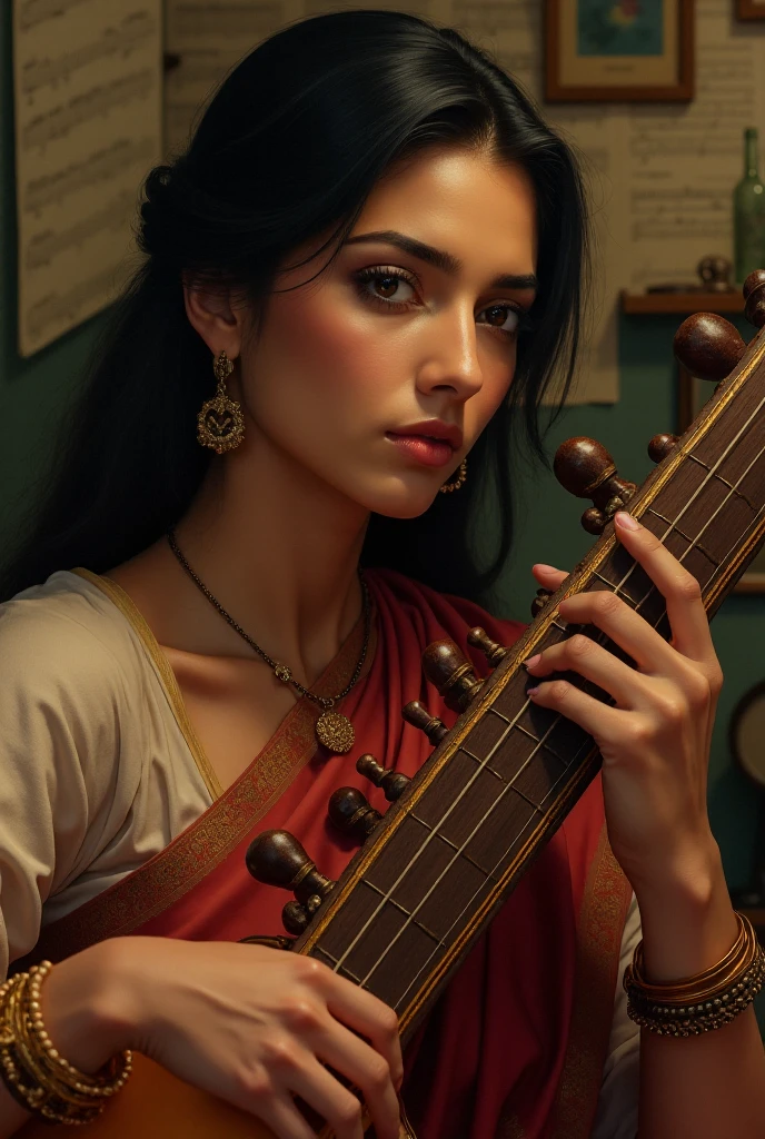 Create a portrait of a indian female musician, capturing a moment of deep concentration as she plays the traditional Indian sitar.  Her angular face features high cheekbones, almond-shaped eyes that reflect passion and intensity, and full lips slightly parted as if caught in a melodic phrase. Soft, warm lighting illuminates her face from the left, casting gentle shadows that enhance the contours of his features. The background is a blurred, intimate setting of a cozy music studio adorned with vintage instruments and sheet music, evoking a serene yet vibrant atmosphere. The composition should be a close-up, focusing on his expressive gaze and the delicate movement of her hands on the strings. Render in a semi-realistic style reminiscent of classical portraiture, with rich colors and a slight painterly texture, to evoke a sense of timeless artistry. Use a 50mm lens effect for a shallow depth of field, emphasizing the musician's emotional connection to his craft.