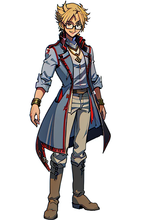 male, blonde short hair, blue eyes, (((1boy))), (((red sleeveless trench coat))), (black shirt), (grey pants), (tan boots), (gold bracelets), (necklace with gold pendant), (glasses), long legs, smiling