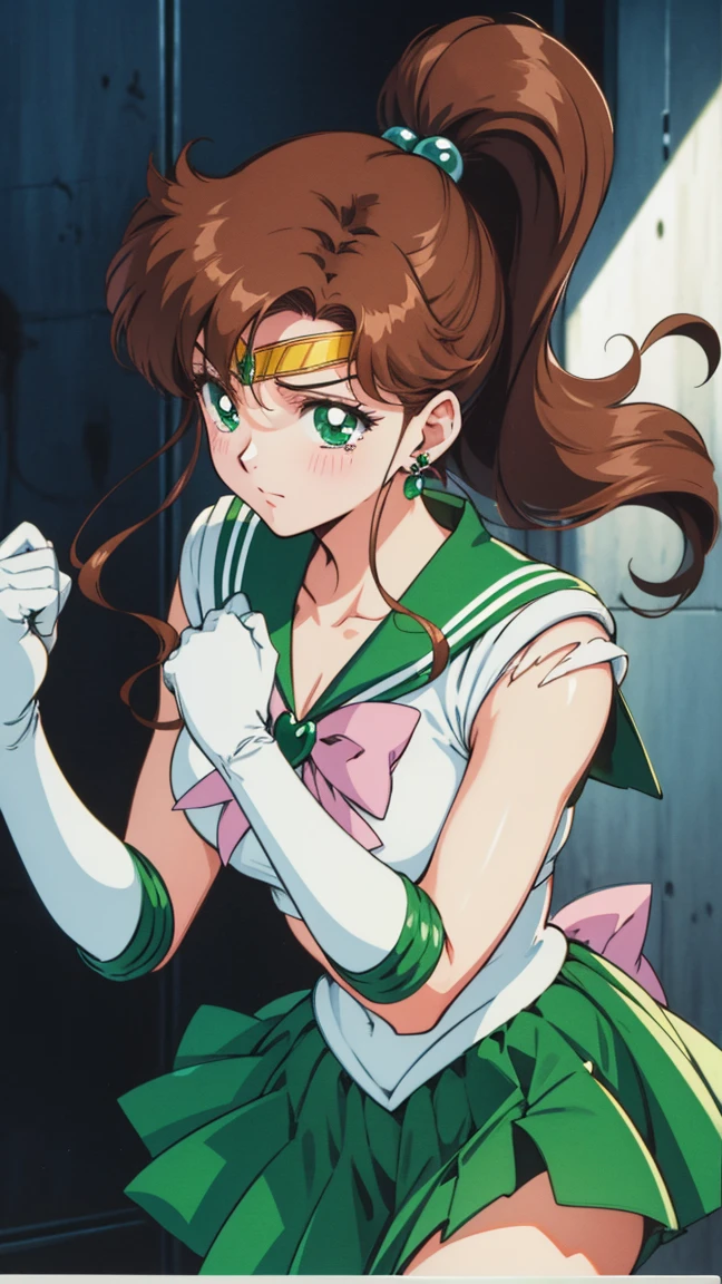 Best Quality,  high resolution on down, 1990s \( style \), retro art style , 1990s anime cels  style ,  Sailor Jupiter ,  Fighting,   sailor warrior uniform ,  Green Sailor Color , White gloves,   green pleated skirt,  pink ribbon,  ponytail,  jewellery,  earrings for a woman alone、( torn clothes、)、dynamic、廃墟で Fighting、Torture scene、torture chamber、Tortured woman、tears、、 sad