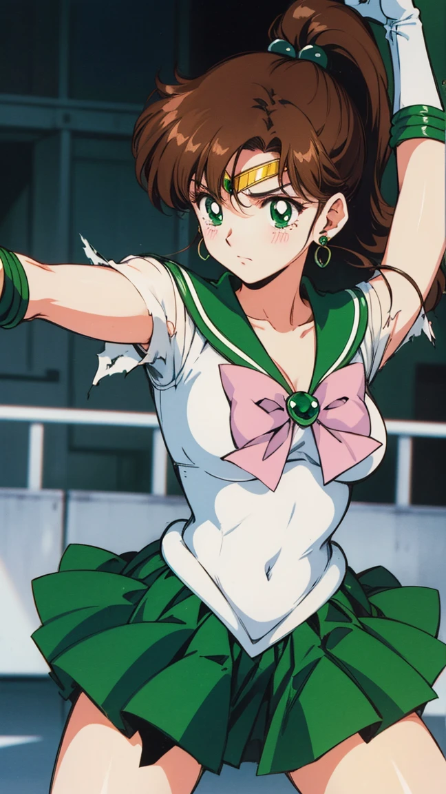 Best Quality,  high resolution on down, 1990s \( style \), retro art style , 1990s anime cels  style ,  Sailor Jupiter ,  Fighting,   sailor warrior uniform ,  Green Sailor Color , White gloves,   green pleated skirt,  pink ribbon,  ponytail,  jewellery,  earrings for a woman alone、( torn clothes、)、dynamic、廃墟で Fighting、Torture scene、torture chamber、Tortured woman、tears、、 sad