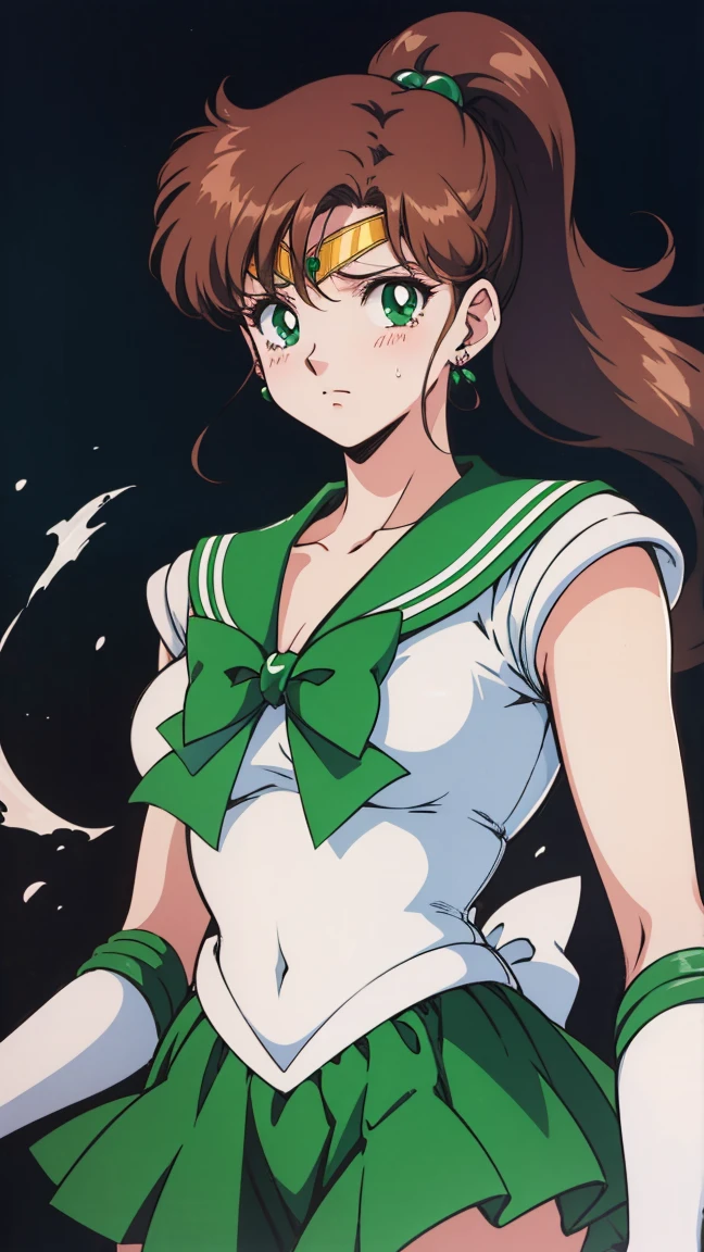 Best Quality,  high resolution on down, 1990s \( style \), retro art style , 1990s anime cels  style ,  Sailor Jupiter ,  Fighting,   sailor warrior uniform ,  Green Sailor Color , White gloves,   green pleated skirt,  pink ribbon,  ponytail,  jewellery,  earrings for a woman alone、( torn clothes、)、dynamic、廃墟で Fighting、Torture scene、torture chamber、Tortured woman、tears、、 sad