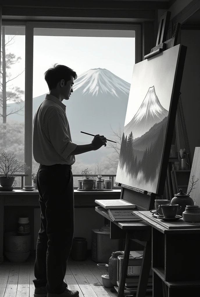 masterpiece, RAW Photos,32K, The Painter Man Holding a Brush ,Take up the brush,Atelier,Young Japanese man,Refreshing but cranky,Draw Mt. Fuji, Monochrome