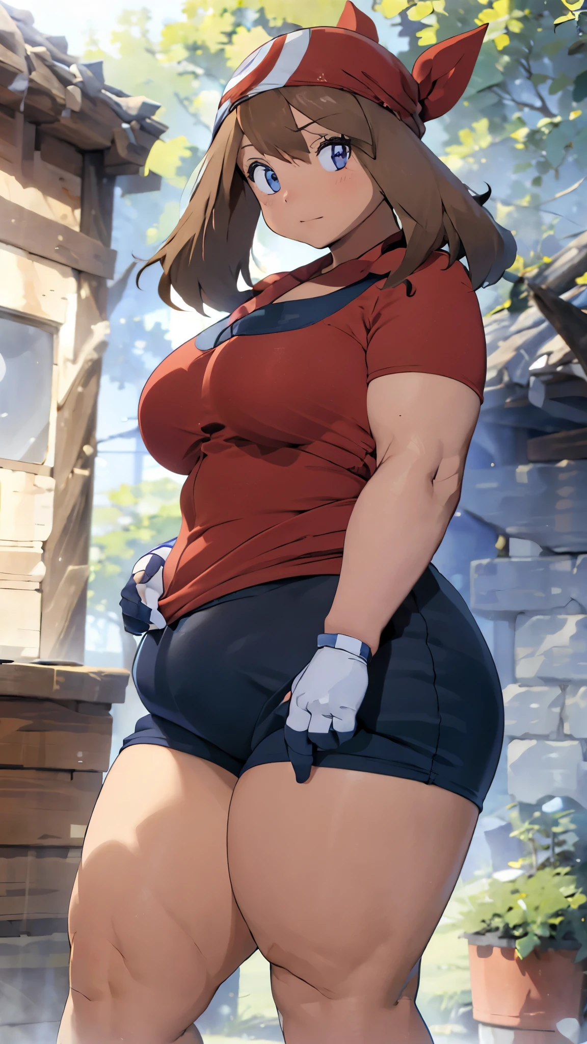  A single girl wearing a red sports shirt and black cycling shorts shining light from the front((  Cowboy Shots )),Brown Hair, blue eyes,short hair, chubby body,  enchanting looks  ,I'm wearing black cycling shorts((From below)),Brown Hair,Red Bandanaを頭に着けている, is standing((From below)), raise your arms ,gloves,Blushed,Happy,Hands on head, Cowboy Shots ((From below)), open thighs((From below)), THICK THIGS ,,Thick arms,wide abdomen,Wide waist,Red Bandana,Camel toe,Shine the light from the front