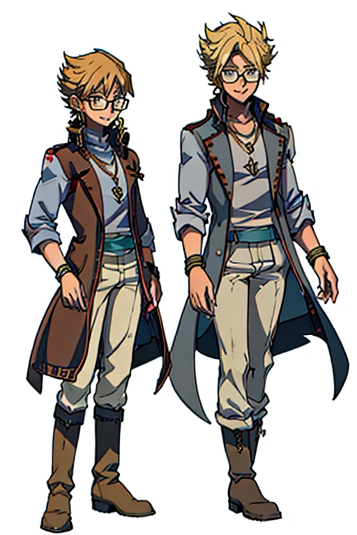 male, blonde short hair, blue eyes, (((1boy))), (((red sleeveless trench coat))), (black shirt), (grey pants), (tan boots), (gold bracelets), (necklace with gold pendant), (glasses), long legs, smiling