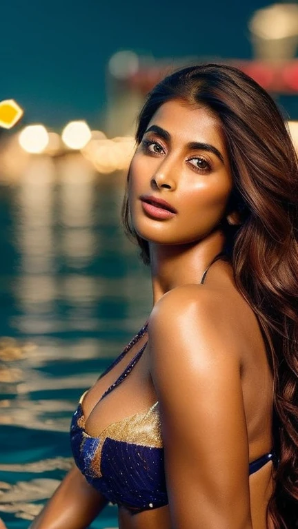 extreme close up bodyshot photo of semi naked Pooja hegde, bikini, bedroom, intricate details, cold room, lean eyebrow, ((detailed face)),cood filter
