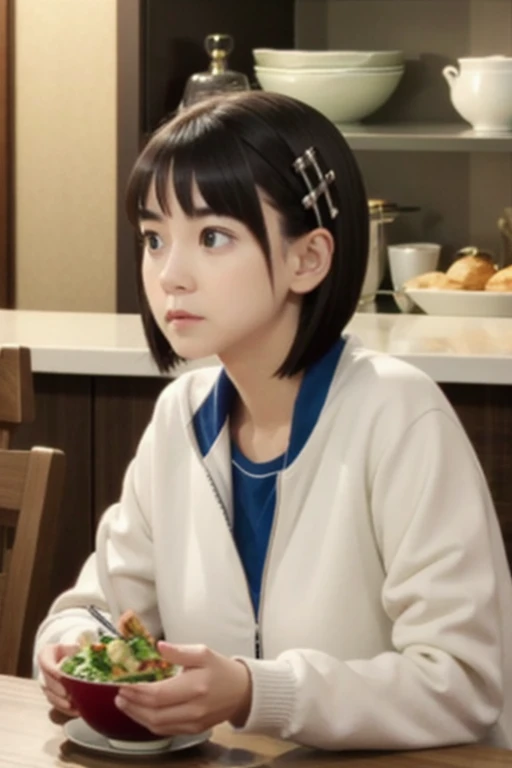 EFT_Sao_Sis, 1girl, kirigaya suguha, black hair, solo, short hair, track jacket, hairclip, hair ornament, jacket, green eyes, food, looking at viewer, black eyes, frown, breasts, sitting, collarbone, upper body, indoors