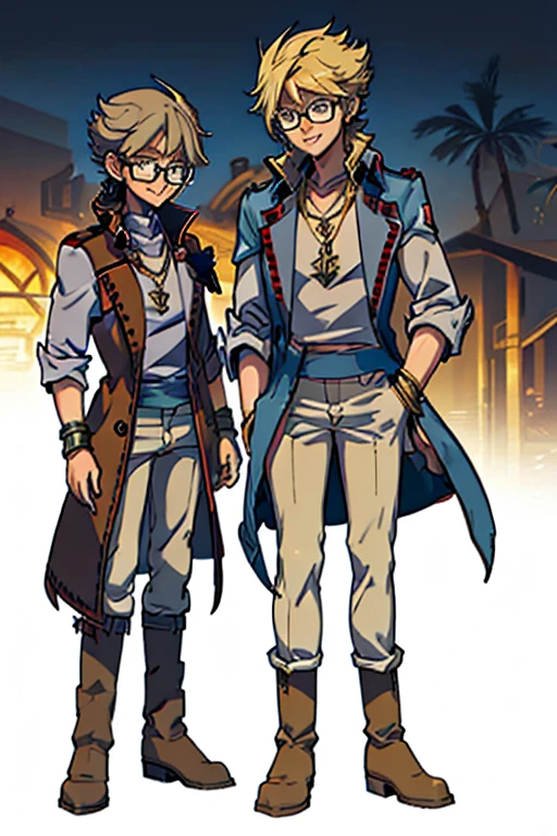 male, blonde short hair, blue eyes, (((1boy))), (((red sleeveless trench coat))), (black shirt), (grey pants), (tan boots), (gold bracelets), (necklace with gold pendant), (glasses), long legs, smiling