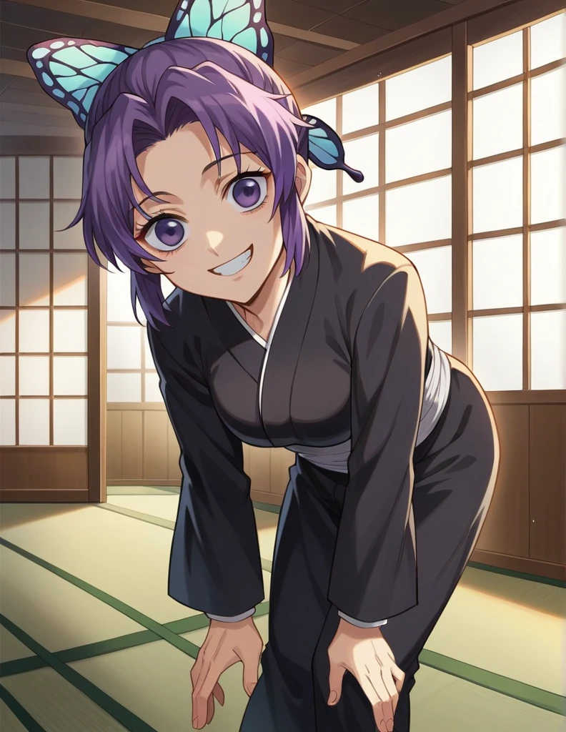 score_9, score_8_up, score_7_up, source_anime,
Shinobukochou, Shinobu Kochou, black tied hair, butterfly, butterfly hair ornament, purple eyes,
black pants, kimono, demon slayer uniform, long sleeves,
indoors, dojo, bent over, smile,
solo, dutch angle, looking at viewer, cowboy shot,crazy smile，highlight off