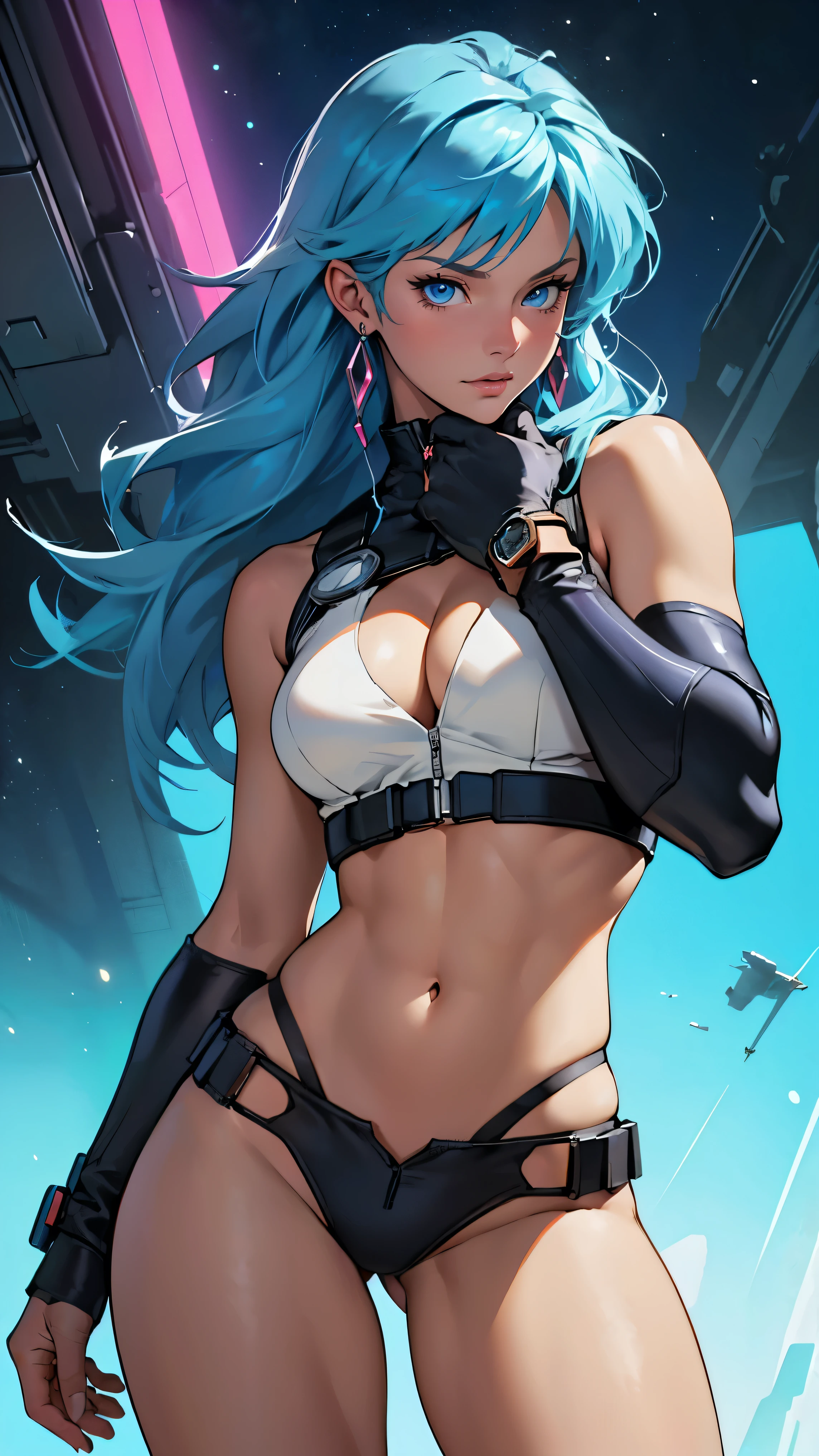 ((Masterpiece, highest quality; 1.3)), super quality, beautiful detail, super detailed, extra fine, 16K, exquisite, absurd, high resolution, beautiful background, detailed background, beautiful eyes, beautiful skin, anime style, dirtypairyuri, Dirty Pair Yuri in a skimpy white outfit, long blue hair, blue eyes, earrings, white uniform, white crop top, cutout, sleeveless, wearing tight clothing, skimpy, (breasts: 1.2), cleavage, cleavage, , obliques, fit arms, slim waist, ((wide hips)), fit thighs, (thigh gap), showing stomach, (skinny frame), wide hips, cyberpunk city background, holding a retro space gun